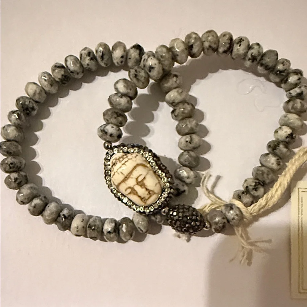 Buddha White Turquoise and Jasper beaded stretch bracelet set of 2